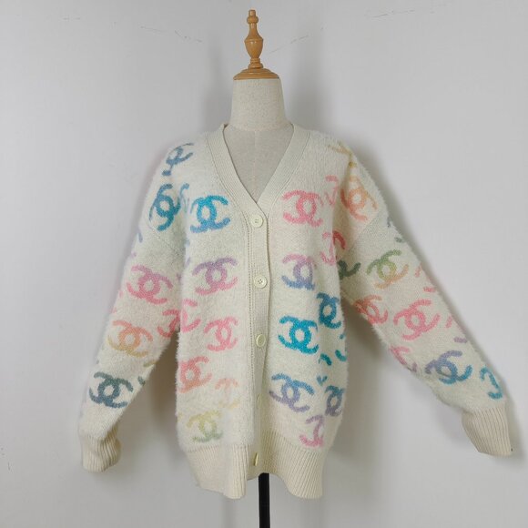Chanel Rainbow Gradient Double C Jacquard Plush Cardigan V-Neck Knitted Jacket - Picture 1 of 11
